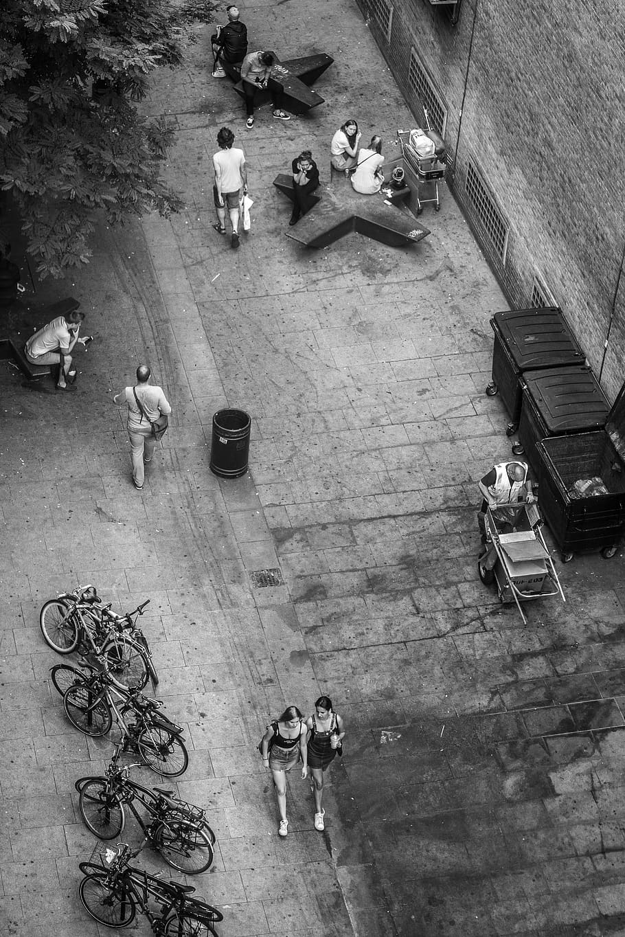 bird's eye view, human, pedestrian, bicycles, street cleaning