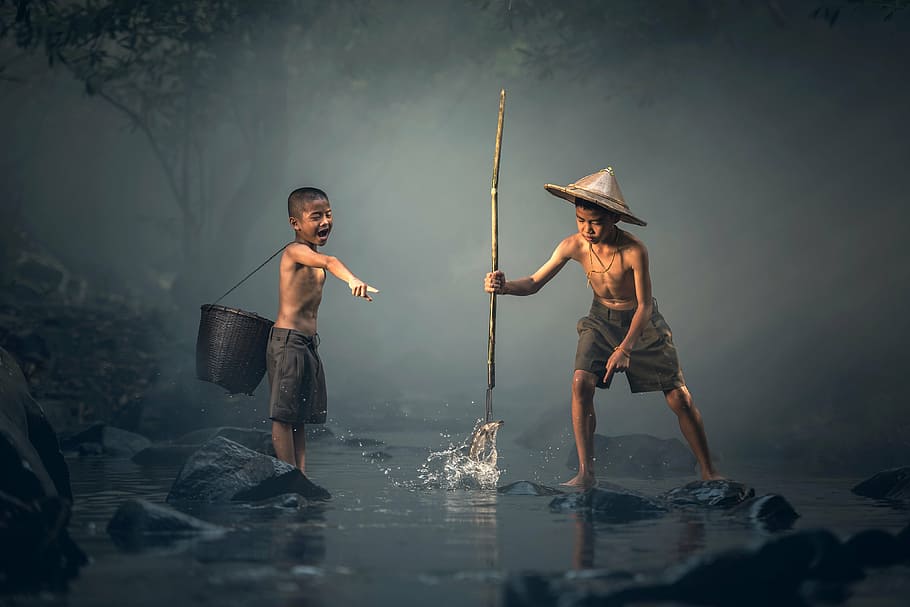 two boy playing on water, children, fishing, the activity, asia, HD wallpaper
