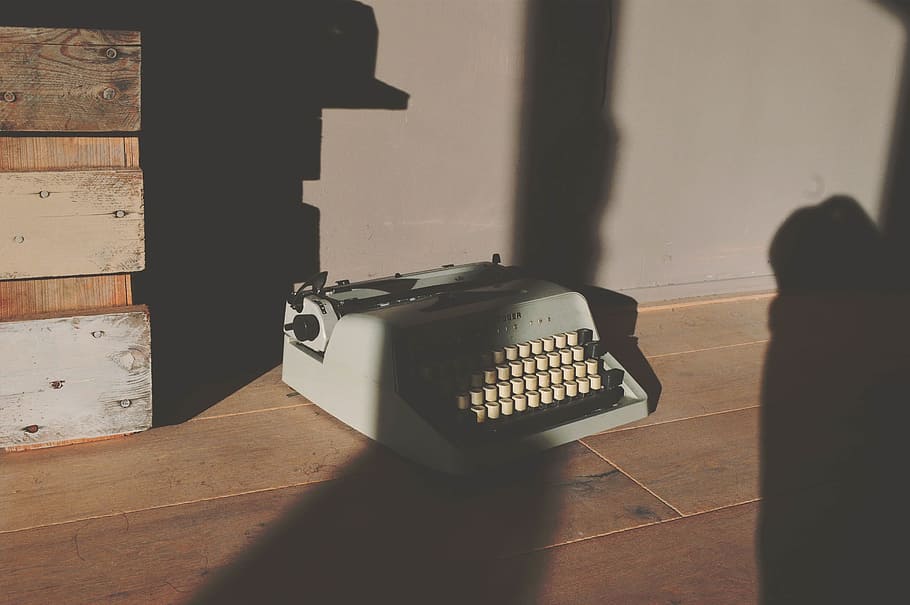 gray and white typewriter, still, items, things, wood, floor HD wallpaper