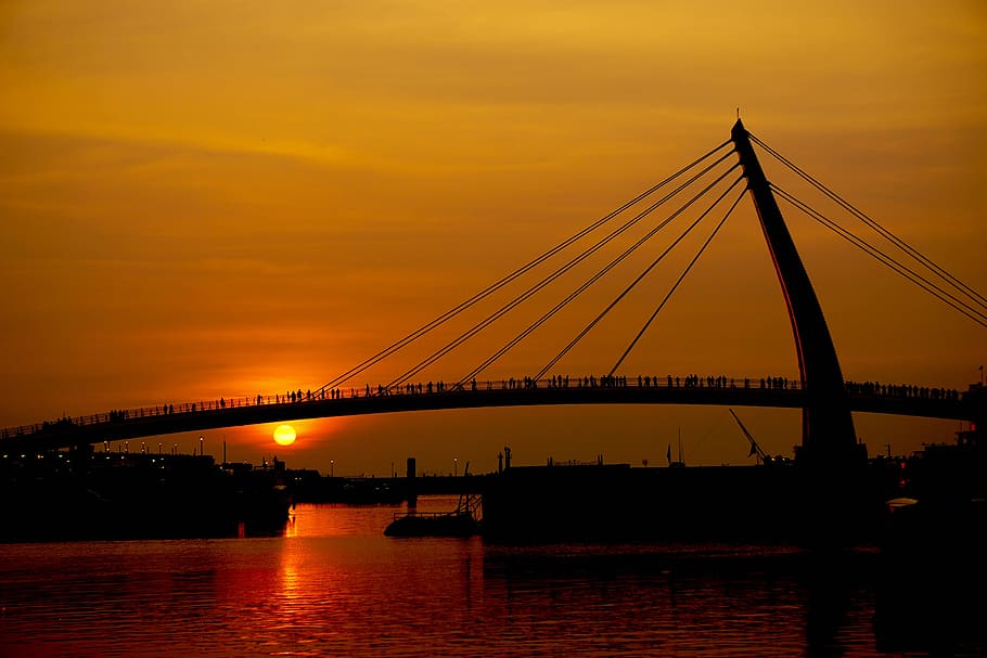 sunset, red, bridge, people, orange, sky, nature, sunlight HD wallpaper