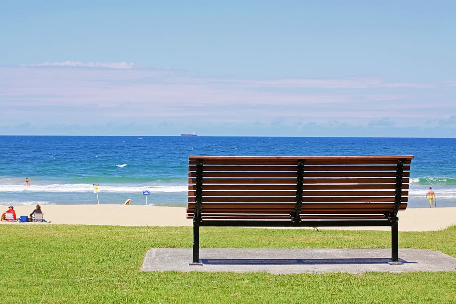 Bench, Beach, Sunset, Sunny, sky, outdoor, coast, blue, landscape HD wallpaper