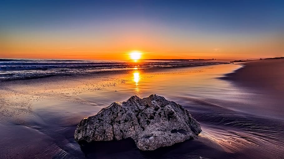 gray rock on sea shore during sunset, beach, beach sunset, orange HD wallpaper