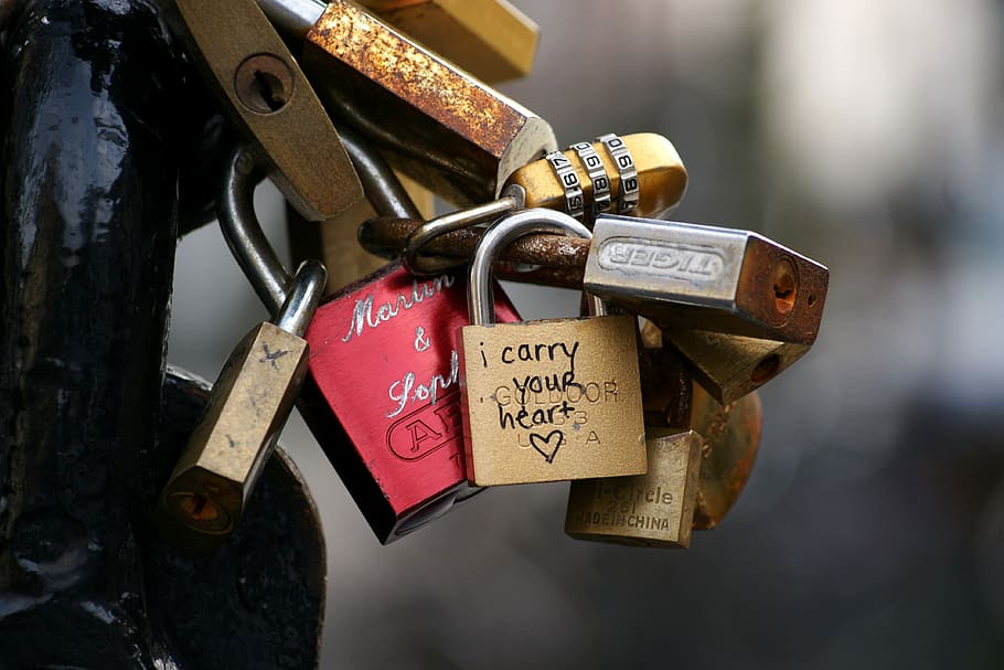padlocks on steel bar, love, eternal love, proof of love, bridge, HD wallpaper