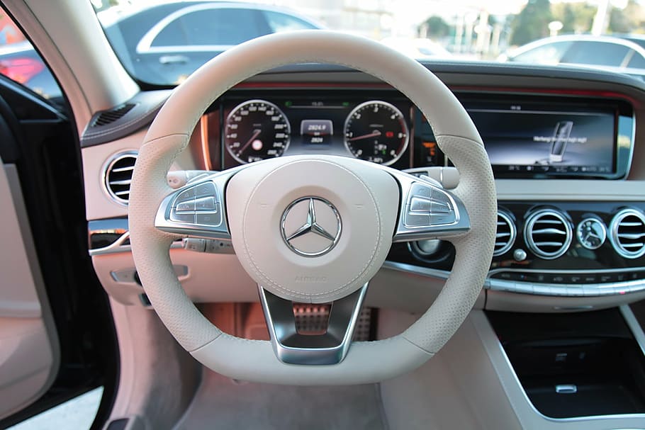 white Mercedes-Benz multifunction steering wheel, s350, car, lux