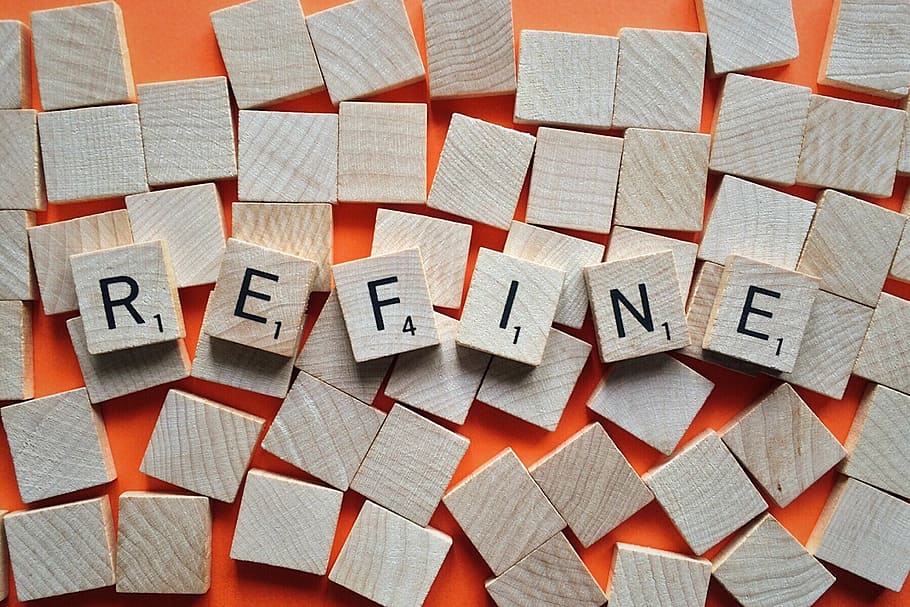 scrabble tiles forming the word refine on orange surface, hone, HD wallpaper