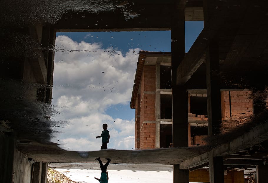 reflection, construction, a puddle, water, rain, the atmosphere HD wallpaper