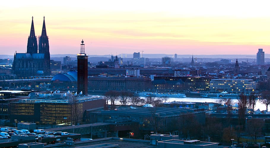 buildings near body of water, cologne, skyline, dom, sunset HD wallpaper