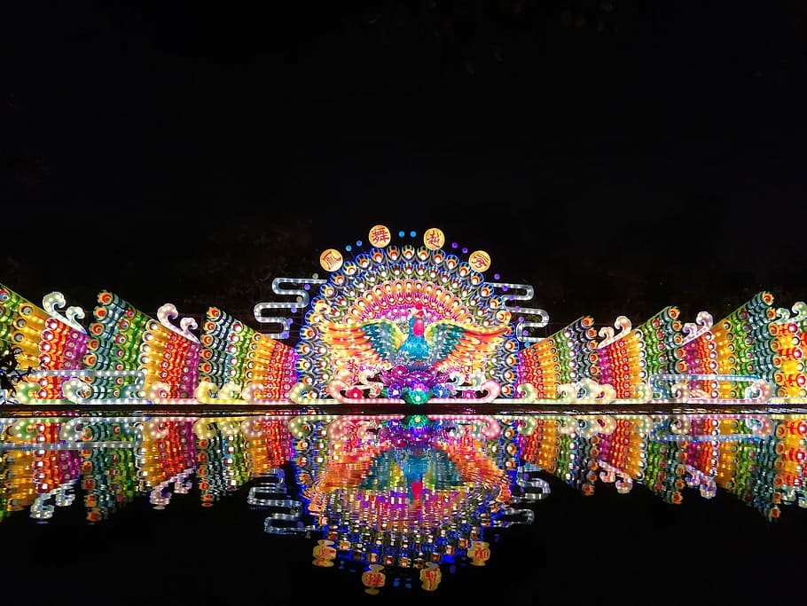 Lantern, Night View, Canton, multi colored, black background HD wallpaper
