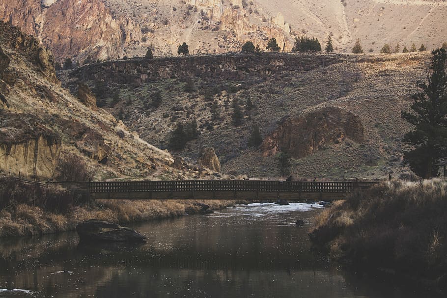 bridge, canyon, daylight, environment, hill, lake, landscape HD wallpaper