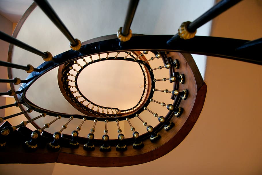 Stairs, Railing, gradually, spiral staircase, down, upward HD wallpaper