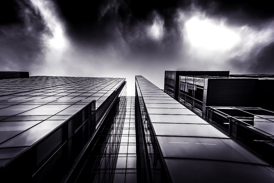 grayscale photo of worm eye photography of high-rise building HD wallpaper