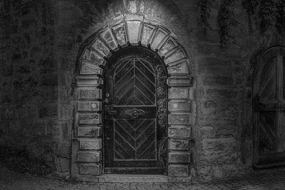 grayscale photo of arch-shaped black wooden panel door, goal