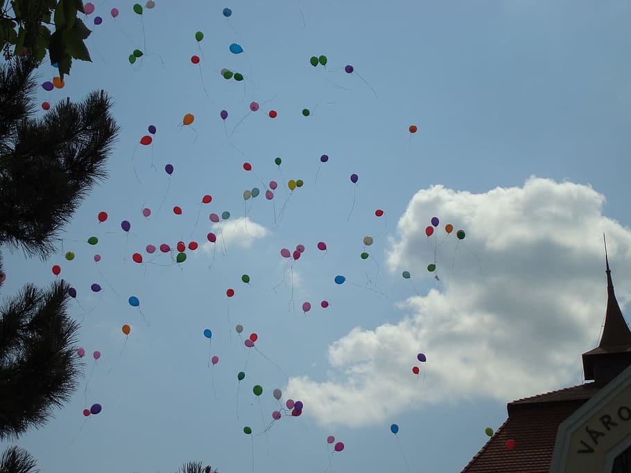 Balloons, Color, Sky, blue, cloud - Sky, night, outdoors, low angle view HD wallpaper