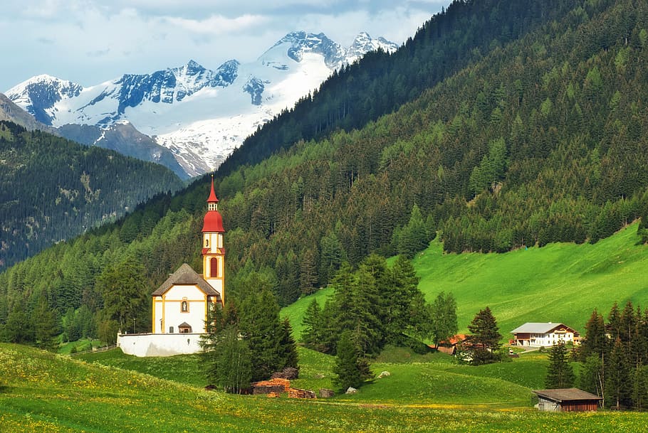 photo of white church beside trees and mountain, austria, landscape HD wallpaper