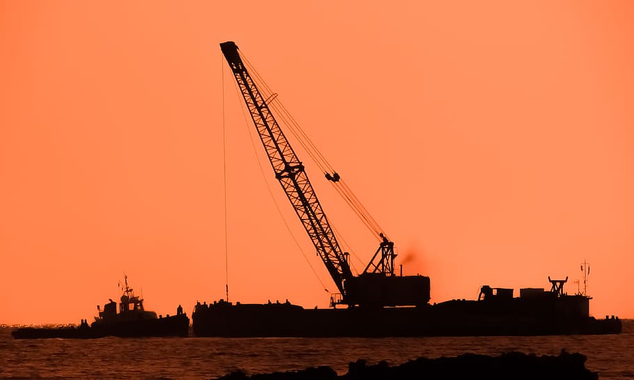 Crane, Floating, Construction, working, harbor, deepening, tug HD wallpaper
