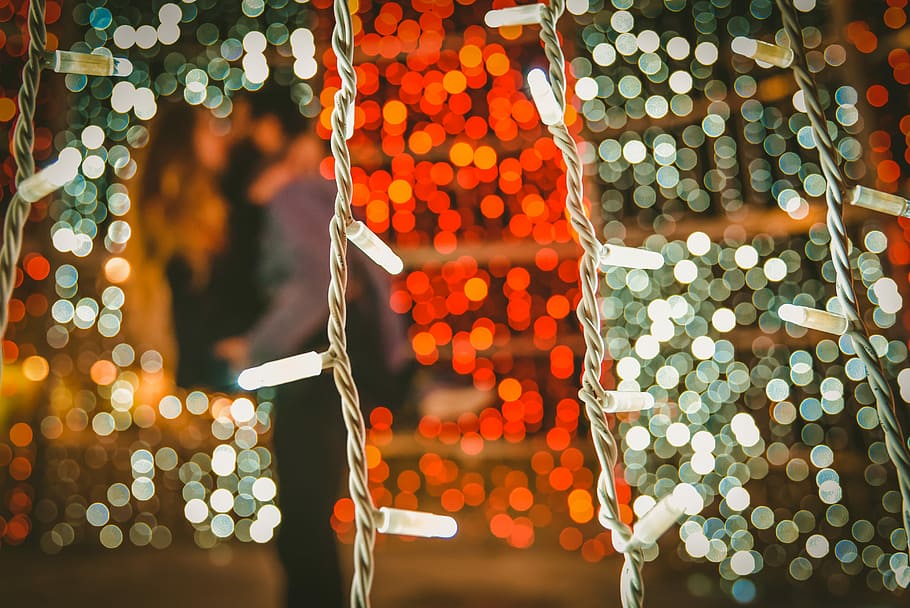 bokeh photography of string lights, fairy lights, red, silver HD wallpaper