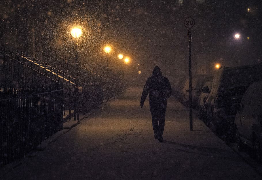 person walking at night with snow, man walking at sidewalk during snow, HD wallpaper