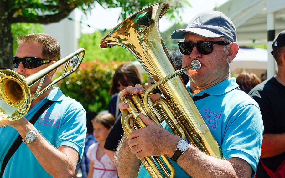 musicians, trombone, orchestra, copper, musical instrument