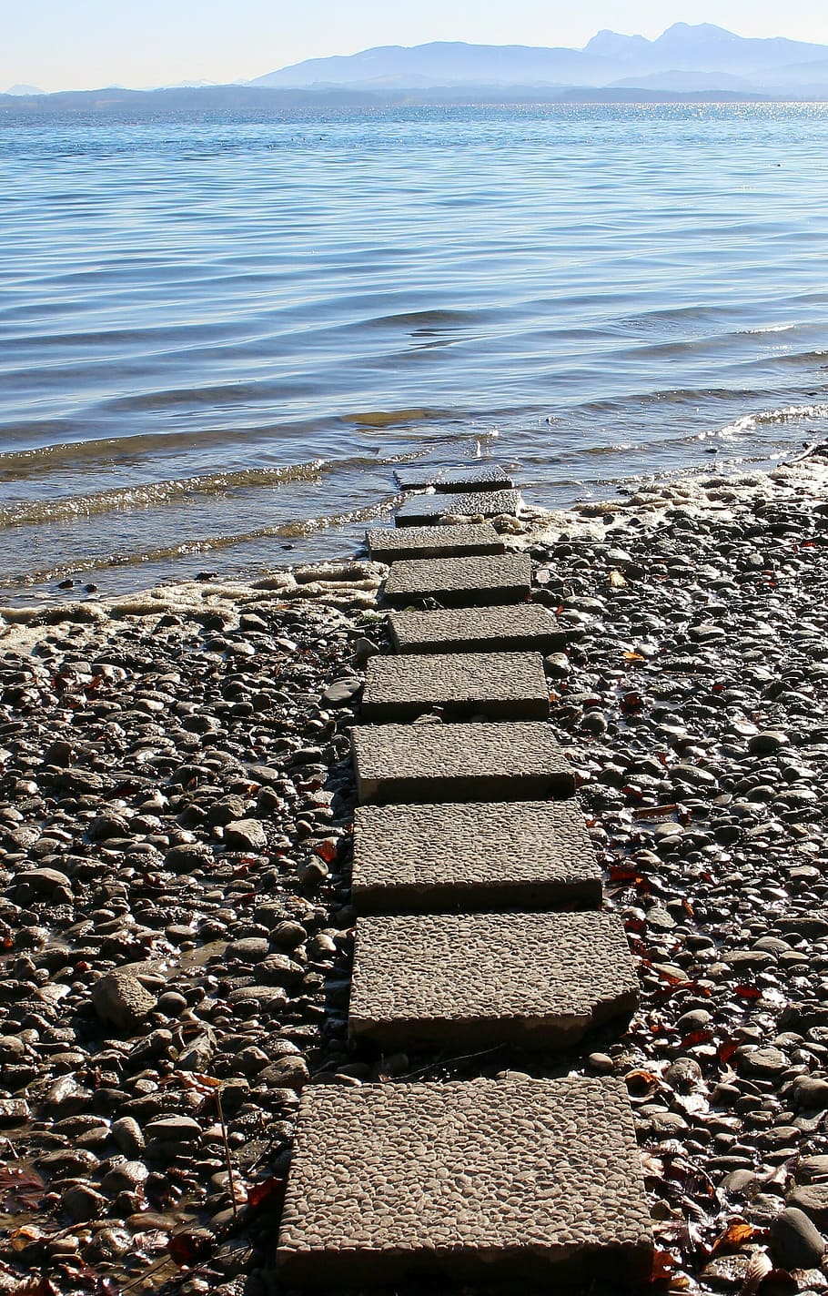 away, path, water, access, entry, stone slabs, beach, sea, land HD wallpaper