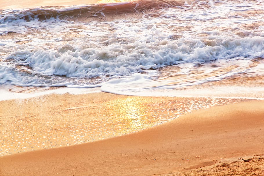 Wave, Sun, Glare, Foam, sandy beach, sun glare, morning, nature HD wallpaper