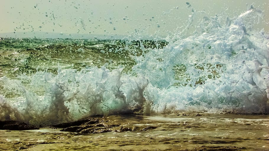 splashed water photo, wave, smashing, foam, spray, nature, blue HD wallpaper