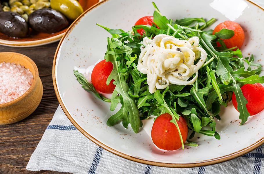 vegetable salad with cream on white ceramic plate, lunch, cooking HD wallpaper