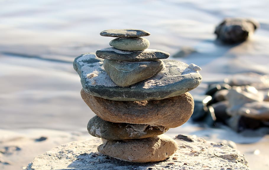 brown stone stack near body of water, stones, tower, rest, force HD wallpaper