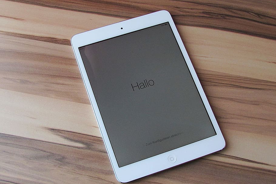 white iPad on brown wooden board, apple, tablet, touch screen HD wallpaper