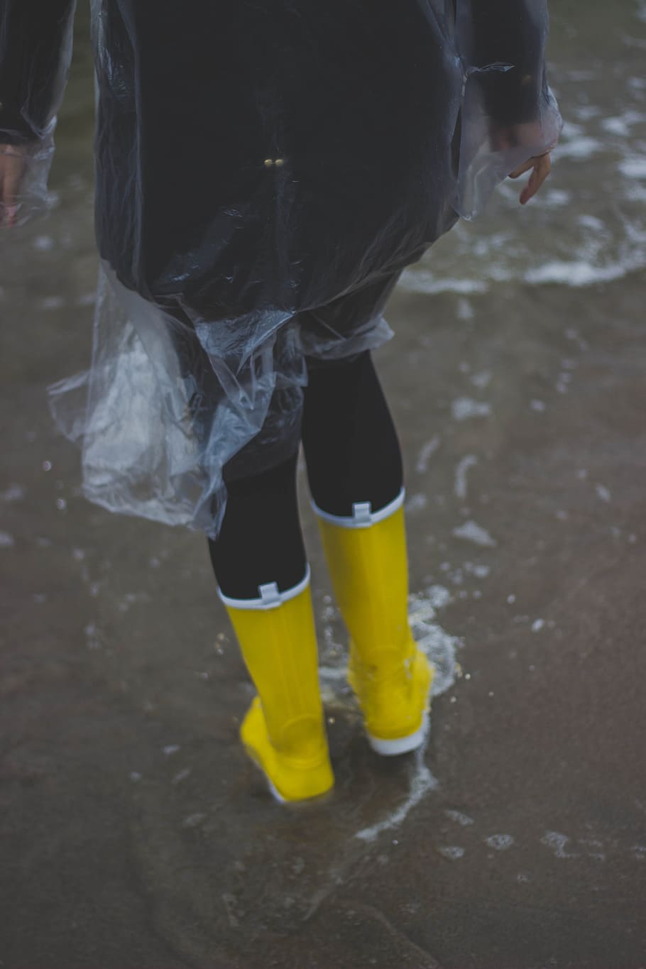 Person Wearing Clear Plastic Raincoat and Pair of Yellow Rainboots, HD wallpaper