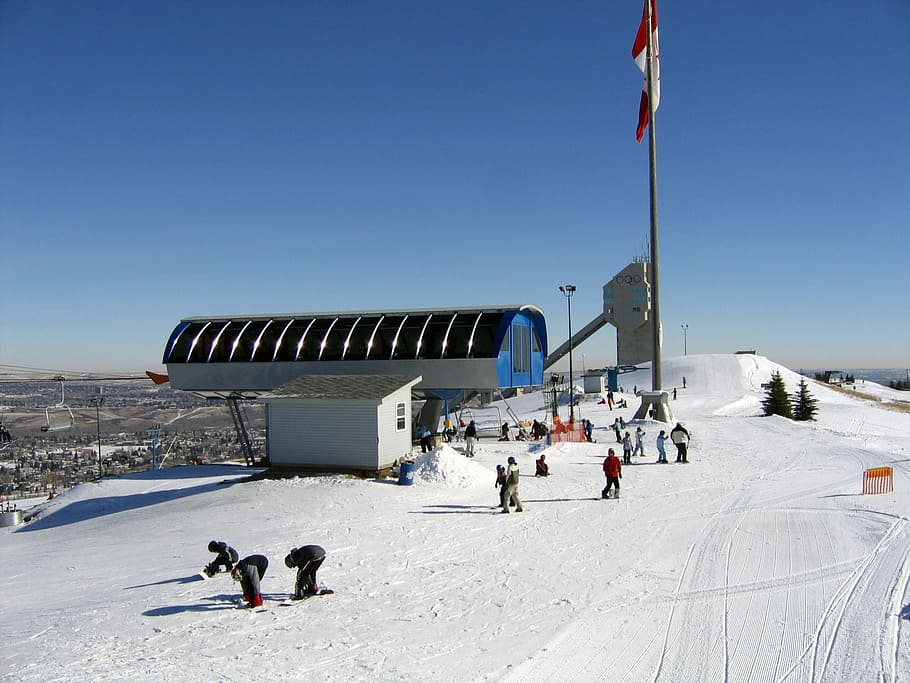 Canada Olympic Park in Alberta, Canada, building, flag, public domain HD wallpaper
