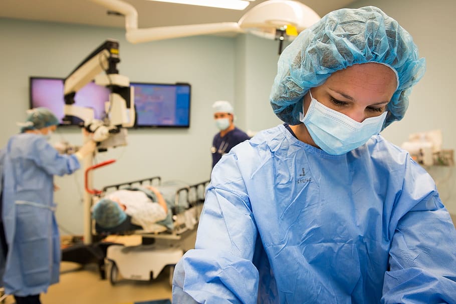 woman in blue surgical suite, eye, surgery, female, medical, young