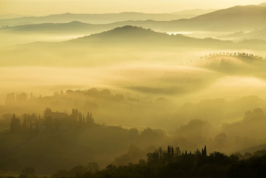 landscape photography of foggy mountains, aerial photography of mountains and trees HD wallpaper