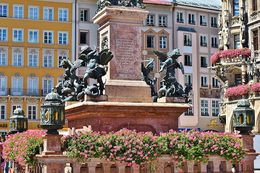 marienplatz, munich, marian column, bavaria, sculpture, figure, HD wallpaper