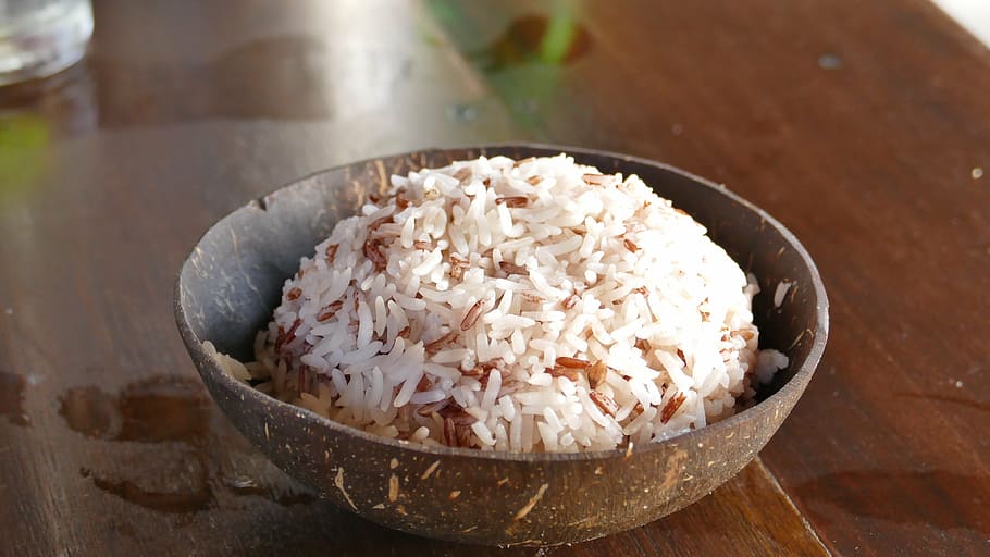bowl of rice, coconut, eat, shell, nutrition, healthy, vegetarian HD wallpaper
