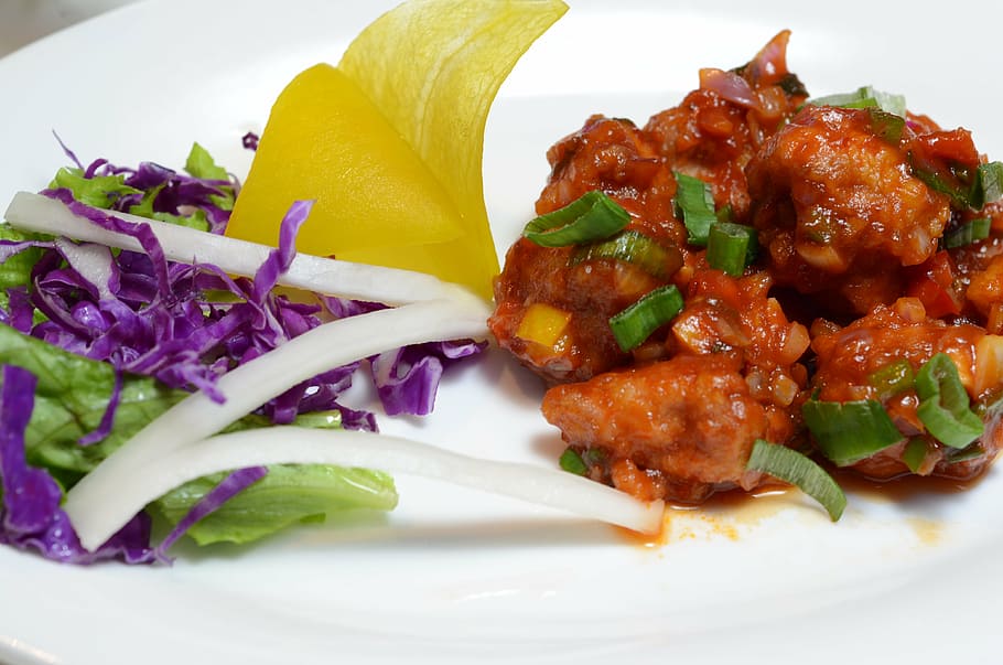 chicken manchurian dry, food, chinese, plate, gourmet, meal, HD wallpaper