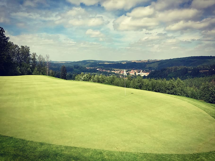 golf, golf course, field, nature, summer, the flag of the, view HD wallpaper