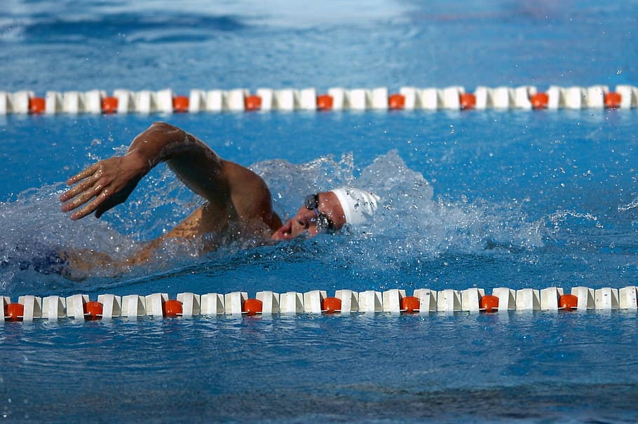 man in white swim cap on pool, swimmer, style, water, competition