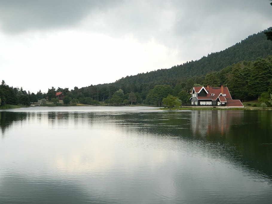 lake, water, reflection, pond, bolu, turkey, forest, home, lake house HD wallpaper