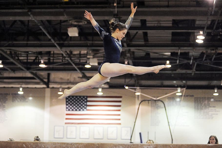 woman with black leotards jumping on brown balance beam, gymnastics, HD wallpaper