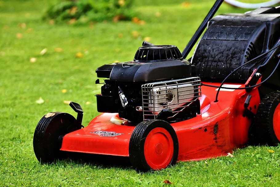 photo of black and red push lawn mower on grass field, gardening
