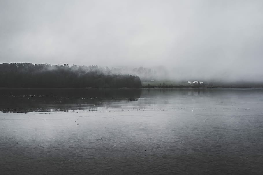 landscape grayscale photography, fog, lakes, water, nature, overcast HD wallpaper