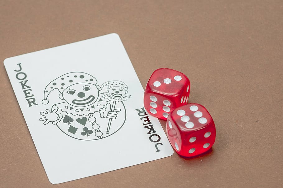 two red dices beside joker card, map, playing card, cube, game cube, HD wallpaper