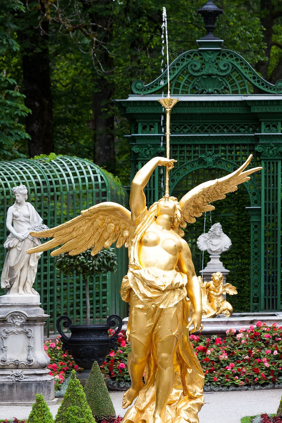 Sculpture, Gold, Gilded, Woman, Angel, golden, figure, fountain, HD wallpaper