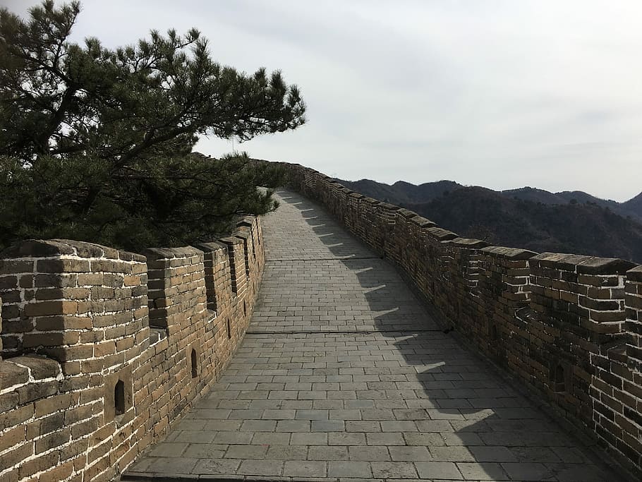 Great Wall, gray concrete hallway under cloud, stone wall, walk