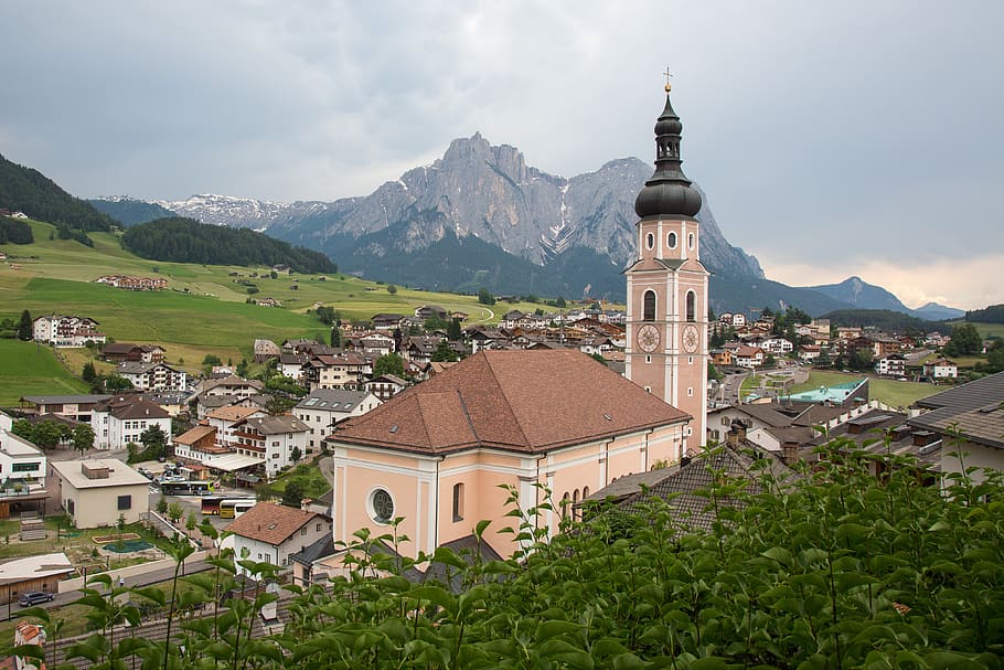 kastelruth, south tyrol, mountains, church, architecture, built structure, HD wallpaper
