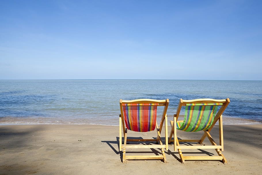two brown wooden beach chairs on seashore, view, ocean, water HD wallpaper