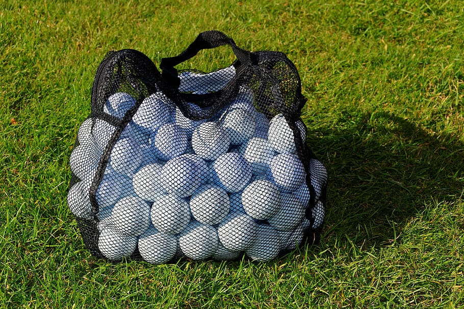 white balls in black mesh bag at daytime, golf balls, practice balls, HD wallpaper