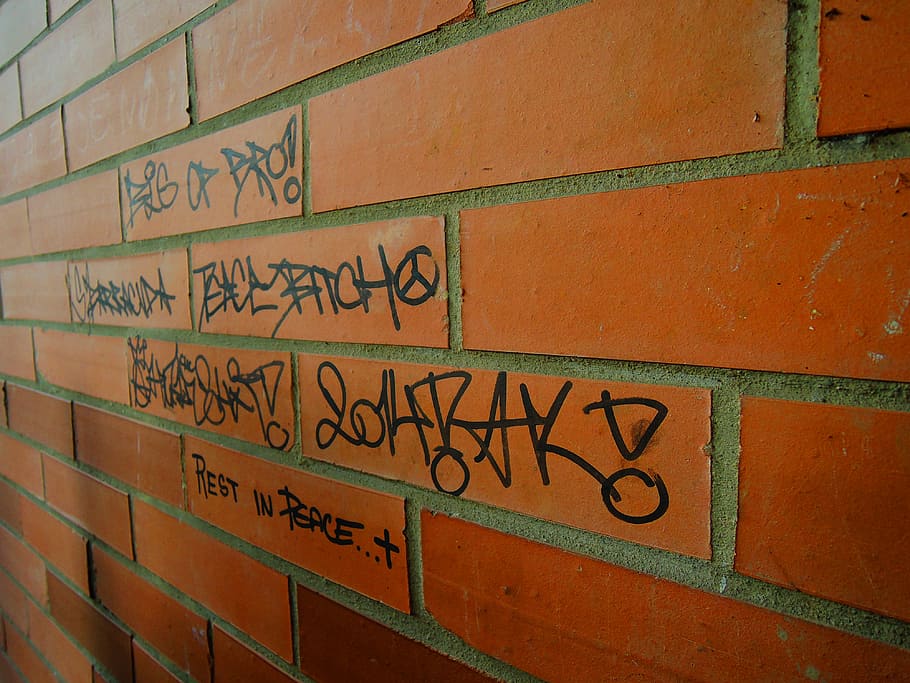 Brick, Wall, Orange, Sign, Peace, communication, black, rebel HD wallpaper