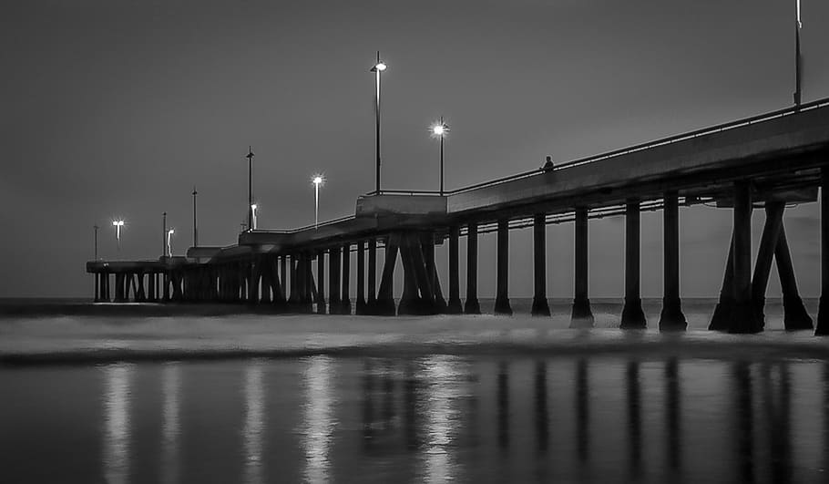 beach, night, ocean, lights, calm, black, white, people, water HD wallpaper