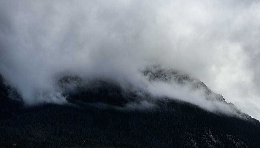 mountain covered with clouds, fog, dark, sky, cold, nature HD wallpaper
